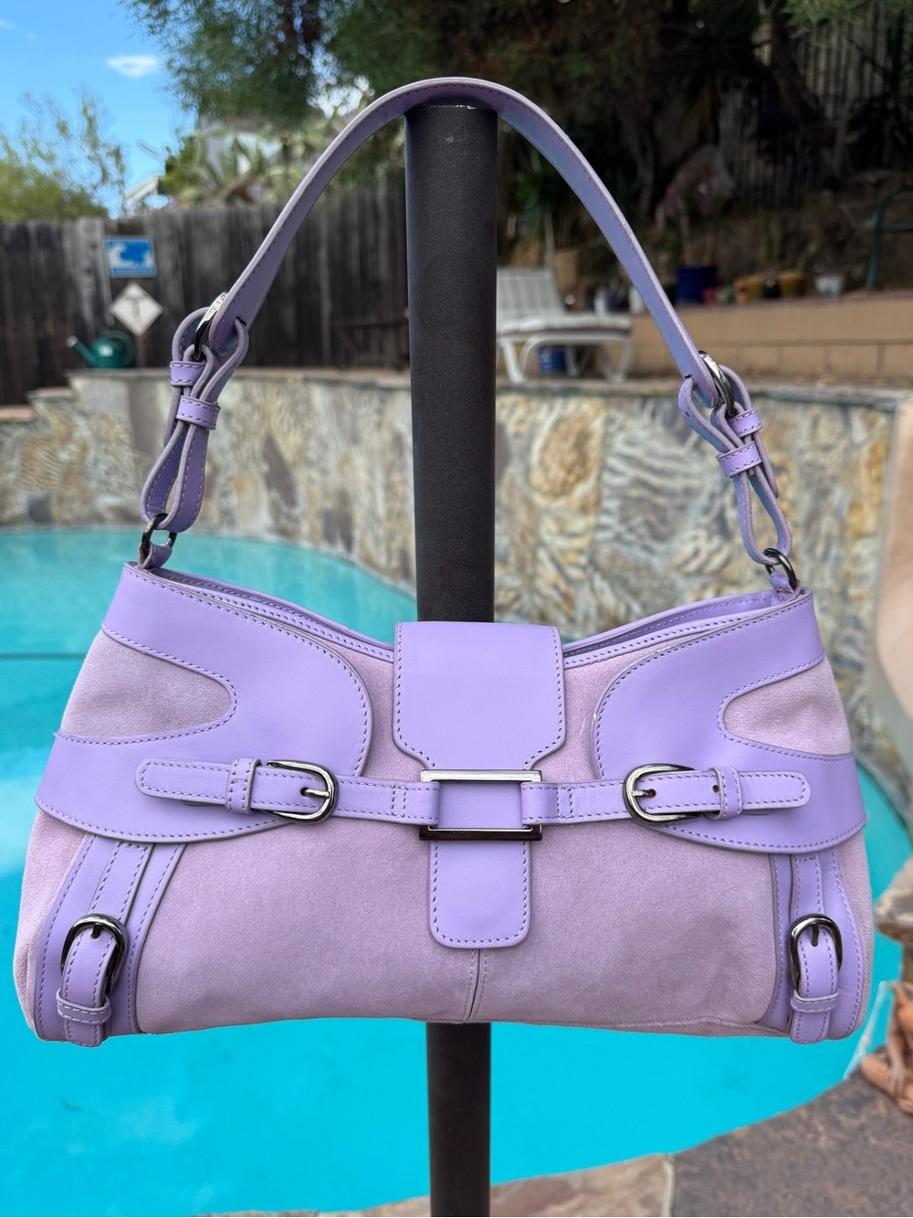 Pam McCoy Lavender Purple Suede Y2K Buckle East West Shoulder Bag VGUC